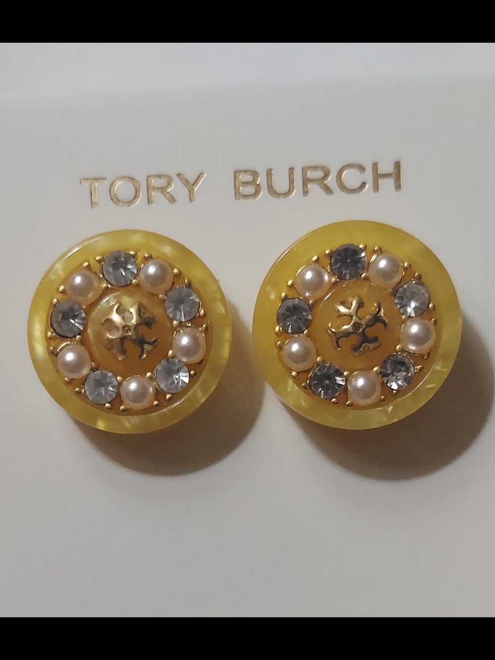 Tory Burch Yellow Crystal & Pearl Button Stud Earrings